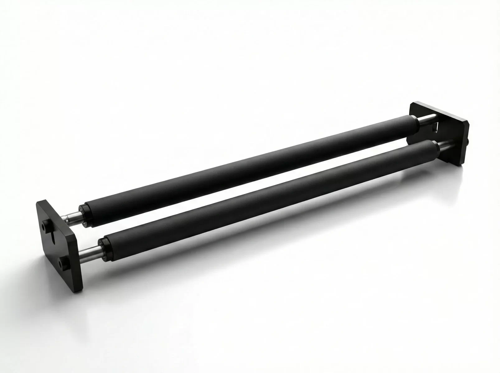 base de rodillos tensadores de máquina bolseadora Mamata en aluminio con baleros y bases de acero con acabado anodizado color negro